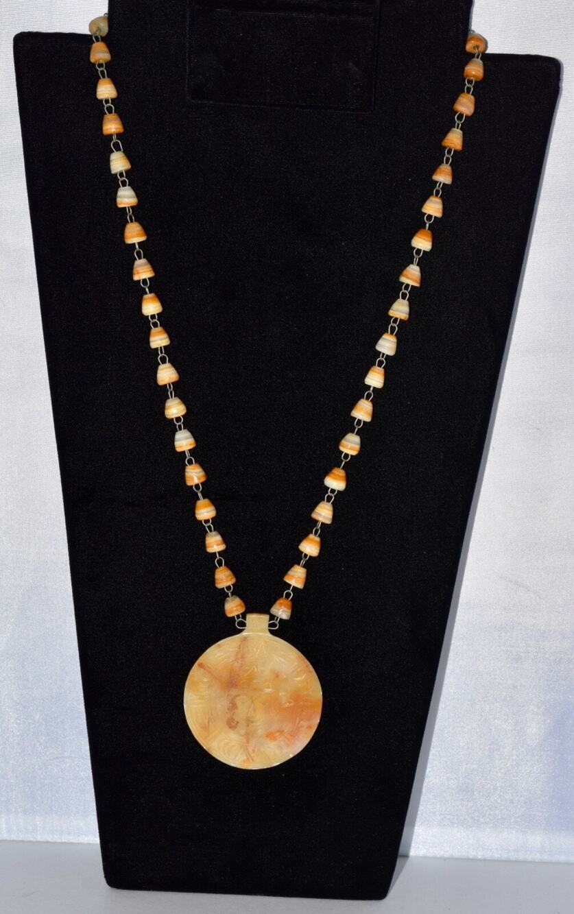 Vintage Artisan Hand Crafted Agate Beads and Carved Aztec Sun Pendant Necklace